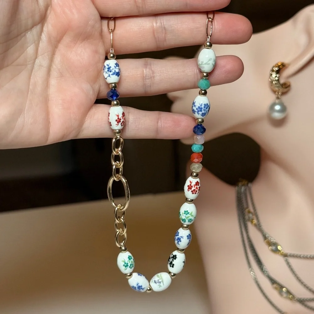 Multicolor Floral Porcelain Bead Necklace - Women Jewelry